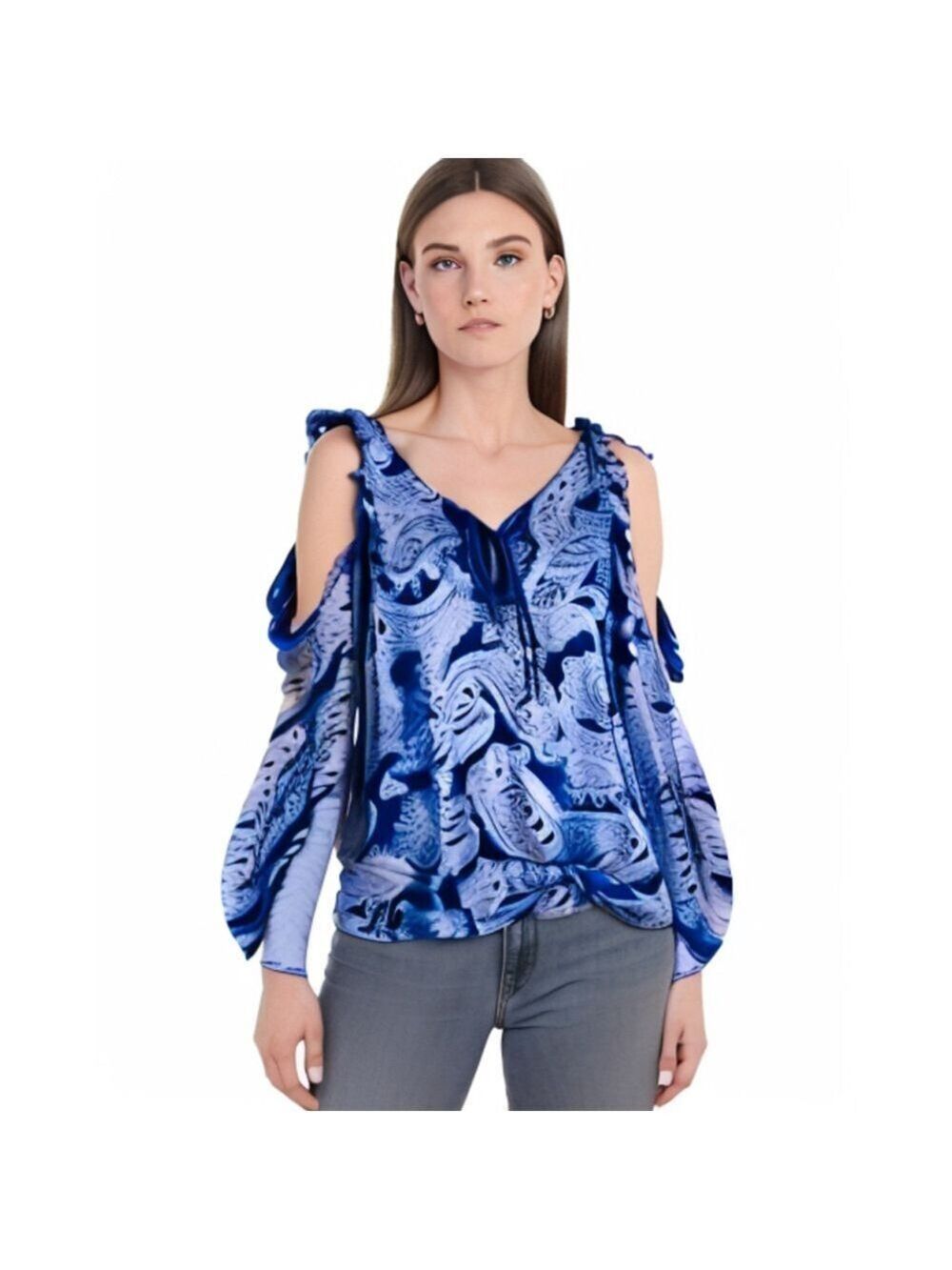 Michael Kors 3/4 Sleeves Cold Shoulder Floral Purple Silver Blouse